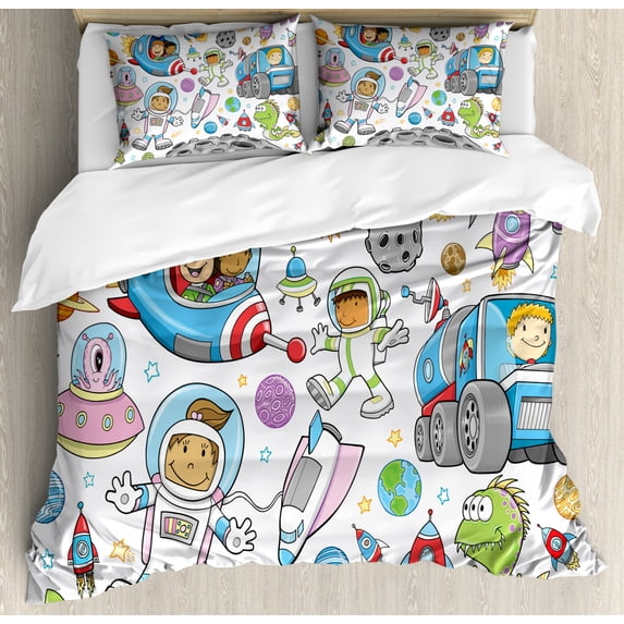 Outer Space Queen Size Duvet Cover Set, Cute Deep Space Astronaut Girl Boy Aliens Rockets on Moon Kids Nursery Theme, Decorative 3 Piece Bedding Set with 2 Pillow Shams, Multicolor, by Ambesonne