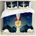 thumbnail image 1 of Outer Space Queen Size Duvet Cover Set, Rocket Taking of to Explore the Universe Woodlands and Mountains in Backdrop, Decorative 3 Piece Bedding Set with 2 Pillow Shams, Multicolor, by Ambesonne, 1 of 3