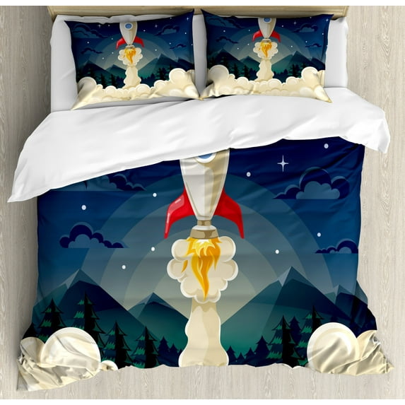 Outer Space Queen Size Duvet Cover Set, Rocket Taking of to Explore the Universe Woodlands and Mountains in Backdrop, Decorative 3 Piece Bedding Set with 2 Pillow Shams, Multicolor, by Ambesonne