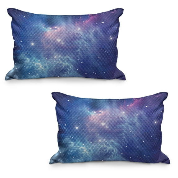 Outer Space Quilted Pillowcover Set of 2, Outer Space Nebula in the Galaxy with Star Clusters Mysterious Astronomy Art, Standard Queen Size Pillow Cover Bedroom, 36" x 20", Purple Navy, by Ambesonne