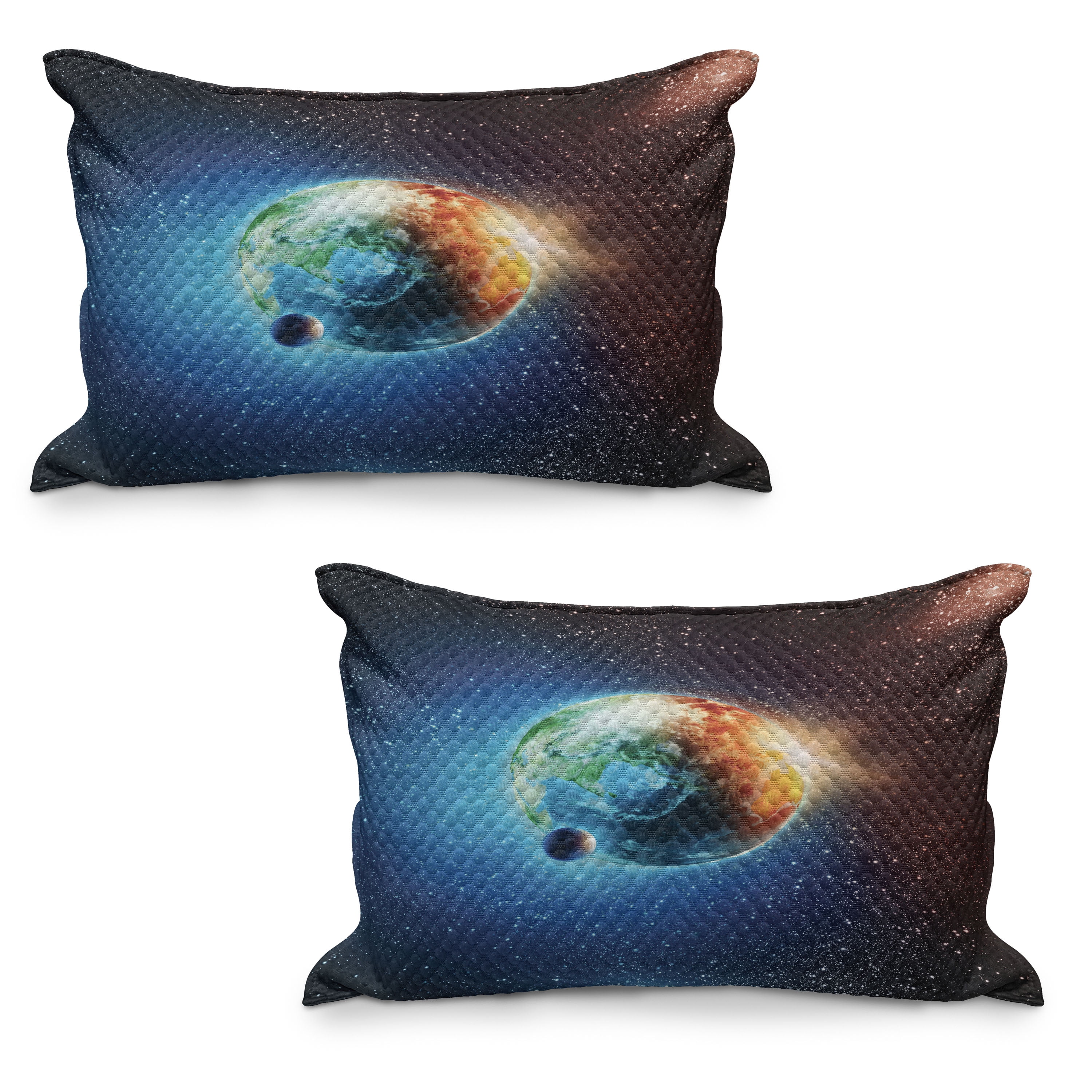 Outer Space Quilted Pillowcover Set of 2, Planet Earth in Sun Rays ...