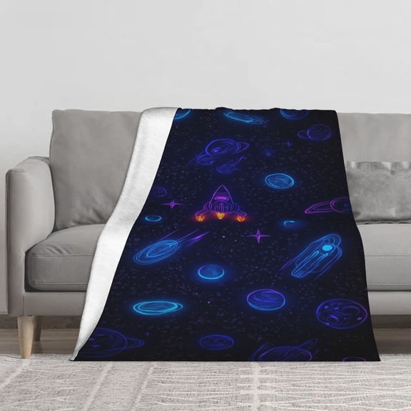Outer Space Rocket Flannel Throw Blanket Soft Cozy Warm 280g Plush Microfiber Fleece Blankets for Bed Couch Sofa Neon Planets Galaxy Starry Sky Vertical Single-Sided Print Blanket