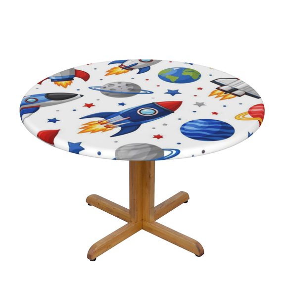 Outer Space Rocket Pattern Round Fitted Tablecloth Elastic Edged Table Cloth Waterproof Table Cover,S,40"-50"