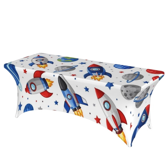 Outer Space Rocket Pattern Stretch Rectangular Table Cover 6FT Elastic Fitted Tablecloth for Parties, Weddings, Banquets