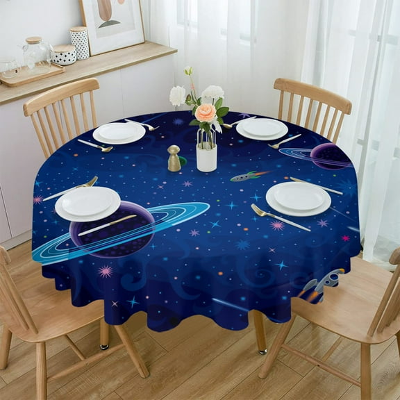 Outer Space Rocket Planet Round Waterproof Tablecloth Picnic Decorative Table Cover Home Party Wedding Dining Room Table Cloth