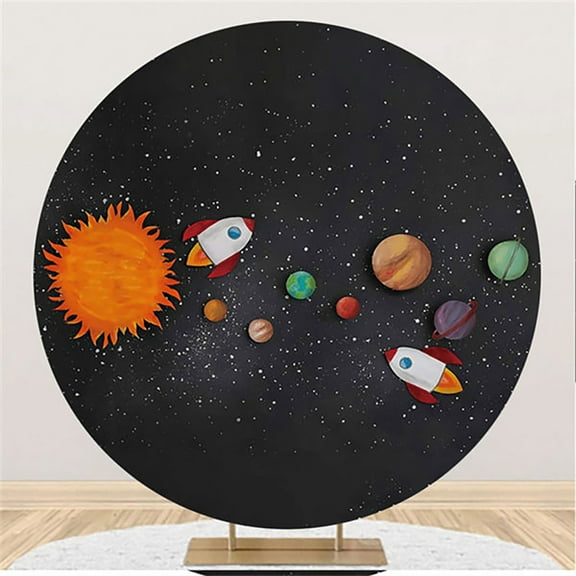 Outer Space Rocket Round Backdrop Cover Universe Planet Galaxy Stars Round 6FT Photoshoot Background for Baby Boy Kids Birthday Party Photo Booth Props
