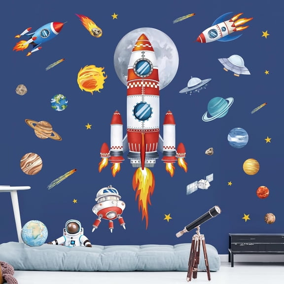 Outer Space Rockets Wall Decals Planets Stars Solar System Wall Stickers Baby Nursery Boys Bedroom Playroom Wall Decor
