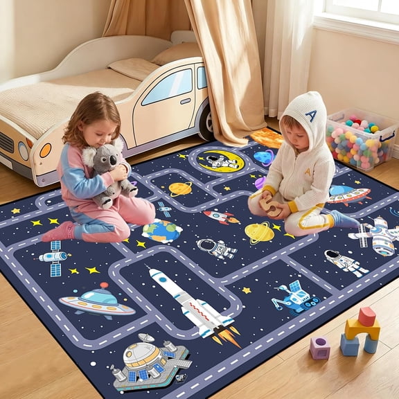 Outer Space Rug for Boys Room 2.5x4 Feet, Non-Slip Kids Rug with Roads and Tracks, Solar System Planet Play Mat, Galaxy Area Rugs for Bedroom, Playroom, Educational Floor Carpet