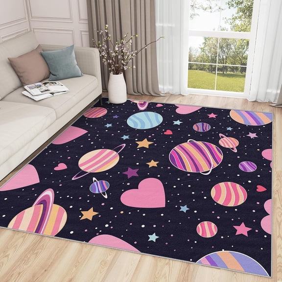 Outer Space Rug for Living Room Bedroom,Galaxy Rug Cute Planet Area Rug,Universe Washable Rugs , Pink Heart Stars Carpet Home Decor, Outer Space Gifts-5' x 8'