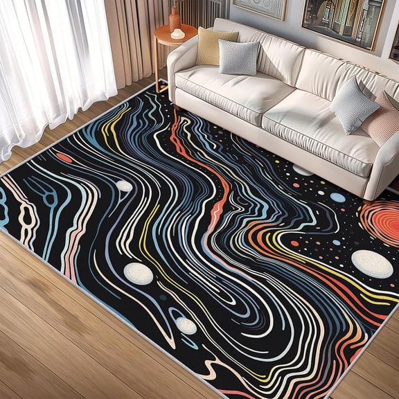 Outer Space Rug Washable Abstract Line Stripe Rugs For Living Room Bedroom, Cartoon Planet Area Rug For Home Decor, Non Slip Backing Floor Carpet 1x2ft