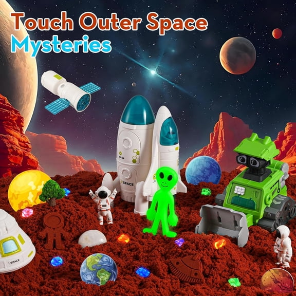 Outer Space Sensory Bin,Play Sand Kit with 2.2lbs Sand,Glow in The Dark Alien and Gems,Space Science Kits Sandbox Toys Activities Game