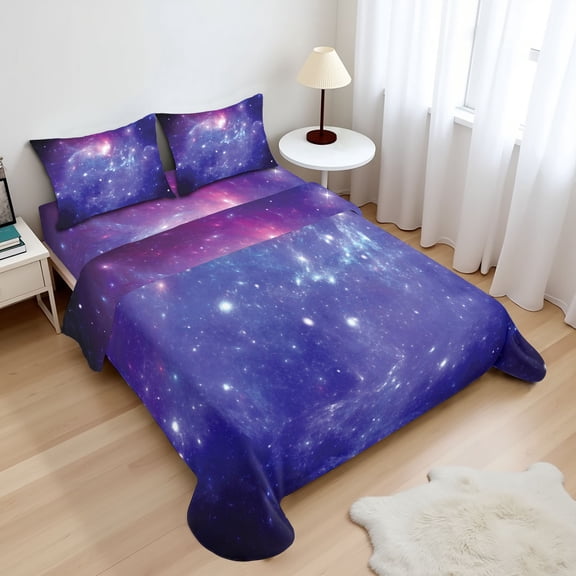 Ambesonne Nebula Fitted & Top Sheet Set with Shams, Milky Way Galaxy Stars, Navy Purple