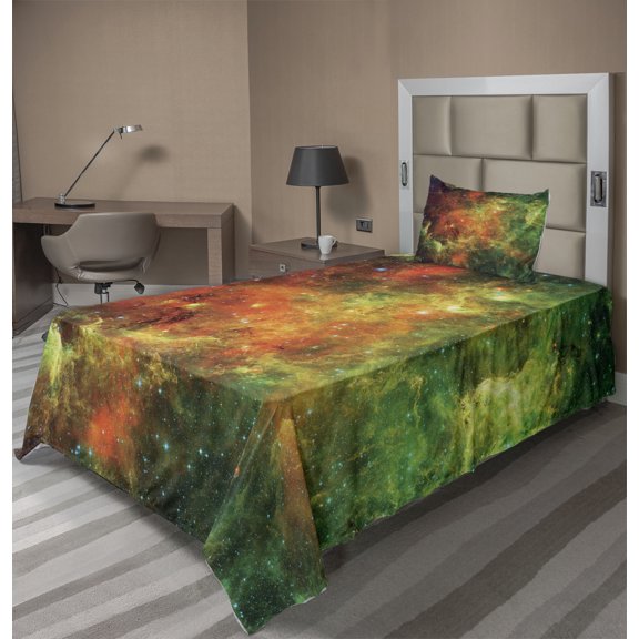 Ambesonne Nebula Fitted & Top Sheet Set with Sham, Cosmos Space Planet, Orange Green