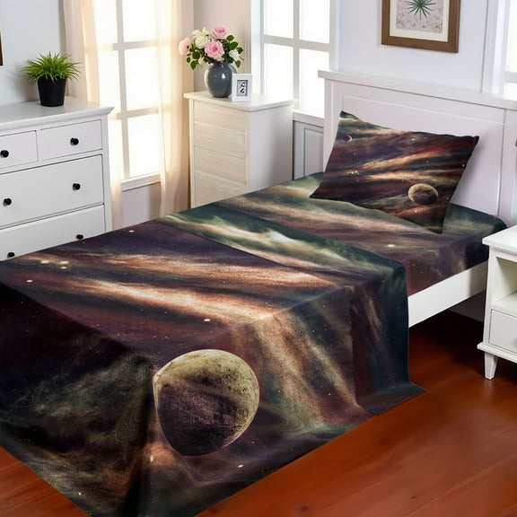 Ambesonne Outer Space Fitted & Top Sheet Set with Sham, Nebula Planet Cloud, Dried Rose Ivory