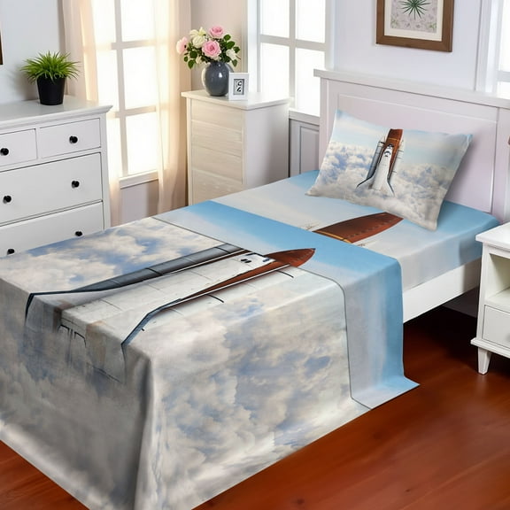 Ambesonne Outer Space Fitted & Top Sheet Set with Sham, Spaceman Planet, White Blue Brown
