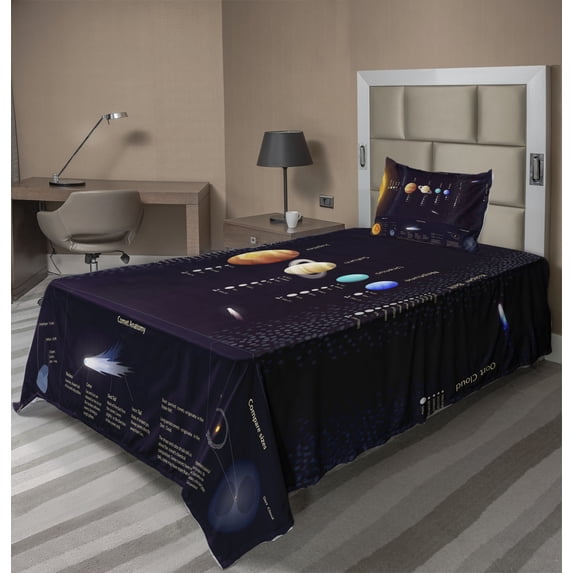 Ambesonne Colorful Fitted & Top Sheet Set with Sham, Jupiter Saturn Planet, Multicolor