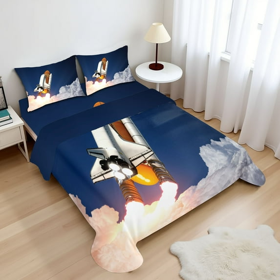 Ambesonne Outer Space Fitted & Top Sheet Set with Shams, Rocket Lift Blast, White Blue Orange