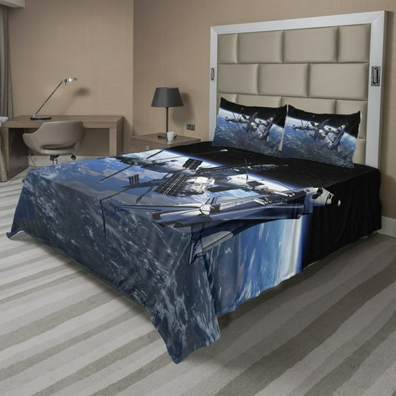 Ambesonne Outer Space Fitted & Top Sheet Set with Shams, Cosmonaut Adventure, Blue Grey Black