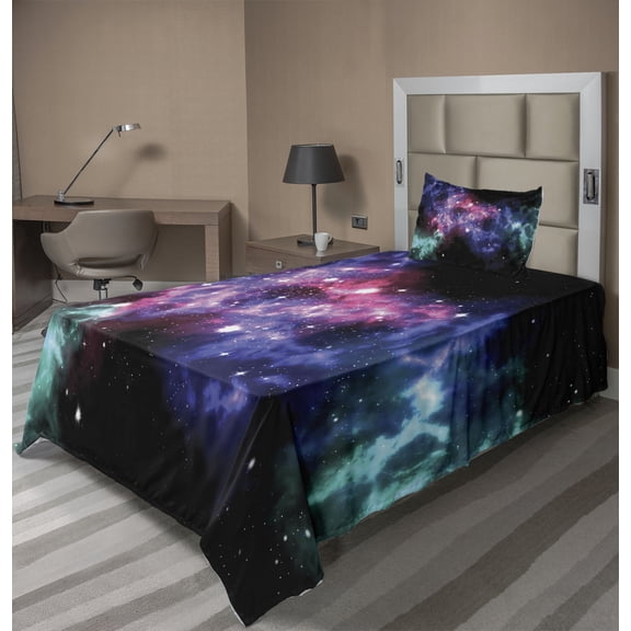 Ambesonne Nebula Fitted & Top Sheet Set with Sham, Dusty Gas Cloud Stars, Purple Pink Navy