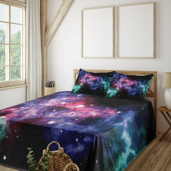 Ambesonne Nebula Fitted & Top Sheet Set with Shams, Dusty Gas Cloud Stars, Purple Pink Navy