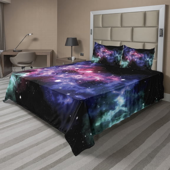 Ambesonne Nebula Fitted & Top Sheet Set with Shams, Dusty Gas Cloud Stars, Purple Pink Navy