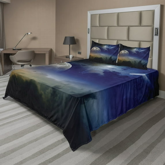 Ambesonne Outer Space Fitted & Top Sheet Set with Shams, Clouds Full Moon, Blue Yellow