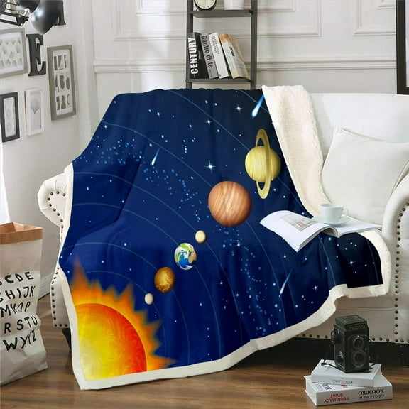Outer Space Sherpa Blanket, Galaxy Starry Sky Throw Blanket for Kids Boys Girls Teens Planet Space Cosmos Plush Bed Blanket Twin Size Solar System Fleece Throw Bed Blankets