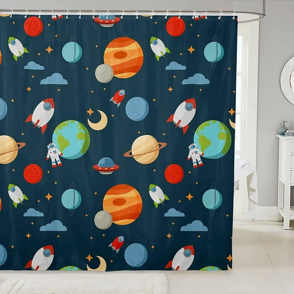 Outer Space Shower Curtain Kids Cartoon Astronaut Rocket Bathroom Shower Curtain Set for Boys Girls Space Rocket Bath Curtain Moon Stars Universe Planets Waterproof Curtains Room Decor 72x72 Inch