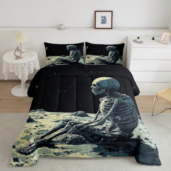 Outer Space Skeleton Comforter Set Toddler Size 2 Pcs,Gothic Skull Universe Trippy Bedding Set,Starry Glitter Sky Moon Galaxy Quilt Set for Child Bedroom,Black Gray,1 Pillowcase