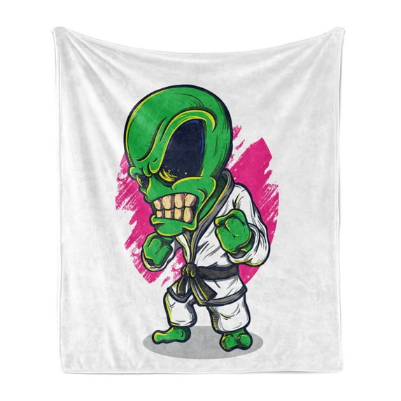 Outer Space Soft Flannel Fleece Blanket, Alien Warrior Practicing Chinese Martial Art Karate Sports Children Kids Theme, Cozy Plush for Indoor and Outdoor Use, 70" x 90", Green Pink, by Ambesonne