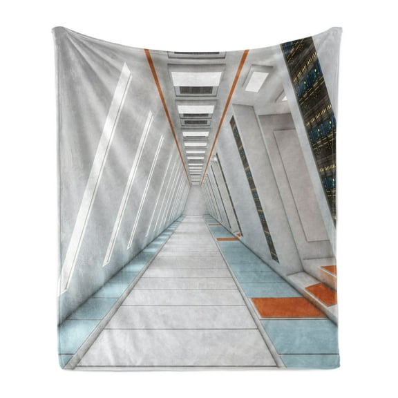 Outer Space Soft Flannel Fleece Blanket, Architecture of Spacecraft Rocket Travel Futuristic Mass Coordination Theme, Cozy Plush for Indoor and Outdoor Use, 60" x 80", Orange White, by Ambesonne
