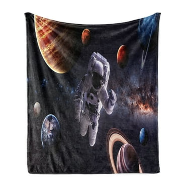 Outer Space Soft Flannel Fleece Blanket, Astronaut Between Planets Mars Neptune Jupiter Plasma Ethereal Sphere Picture, Cozy Plush for Indoor and Outdoor Use, 60" x 80", Multicolor, by Ambesonne
