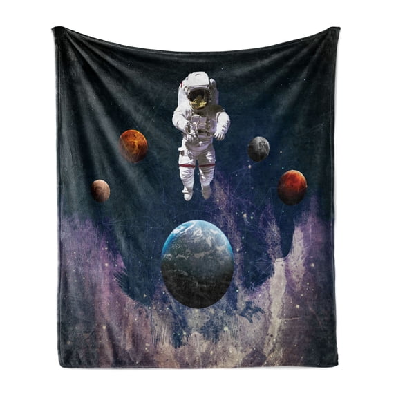 Outer Space Soft Flannel Fleece Blanket, Astronaut in the Outer Space the Planets Globe Satellite Energy Eternity Theme, Cozy Plush for Indoor and Outdoor Use, 50" x 60", Multicolor, by Ambesonne