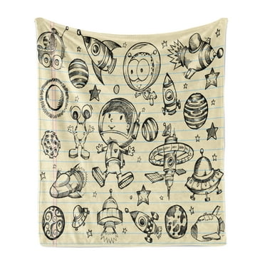 Outer Space Soft Flannel Fleece Blanket, Cosmonaut Boy in Outer Space Along Planets Stars Alien Childish Doodle, Cozy Plush for Indoor and Outdoor Use, 70" x 90", Cream Charcoal Grey, by Ambesonne