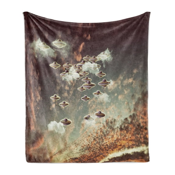 Outer Space Soft Flannel Fleece Blanket, Flying Objects in Cloudy Sky UFOs Aliens Futuristic Science Fiction Theme Print, Cozy Plush for Indoor and Outdoor Use, 50" x 70", Multicolor, by Ambesonne