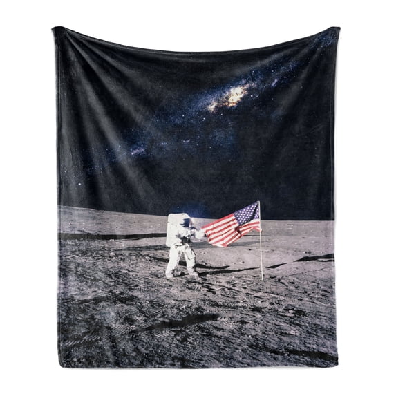 Outer Space Soft Flannel Fleece Blanket, Moon Astronaut on Universe with American Flag Milky Way Inspired Future Picture, Cozy Plush for Indoor and Outdoor Use, 50" x 70", Brown Blue, by Ambesonne