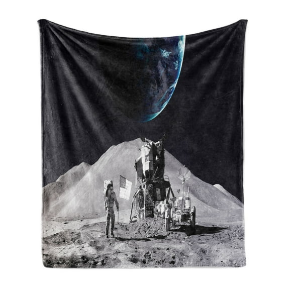 Outer Space Soft Flannel Fleece Blanket, Moon US Spaceman Launching on the Exploring Dark Matter Orbit Lunar Design, Cozy Plush for Indoor and Outdoor Use, 50" x 60", Grey and Blue, by Ambesonne