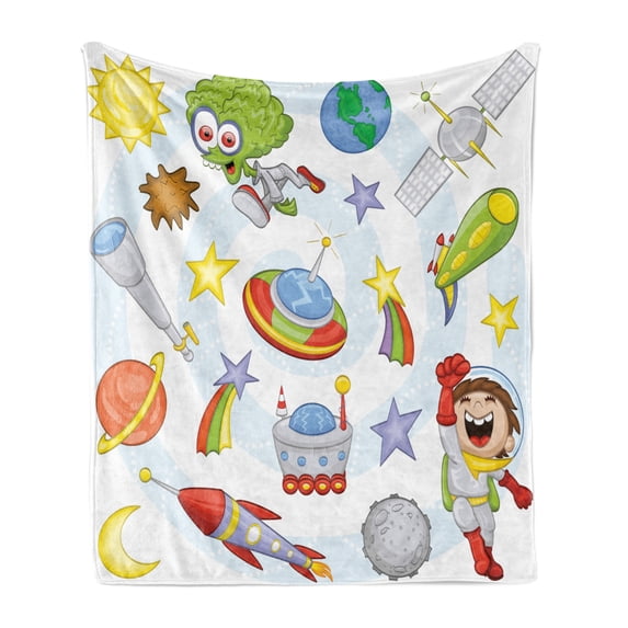 Outer Space Soft Flannel Fleece Blanket, Space Objects with Sun Earth Comet Stars Meteor Lunar Extraterrestrial Cartoon, Cozy Plush for Indoor and Outdoor Use, 50" x 60", Multicolor, by Ambesonne