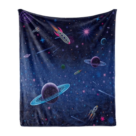 Outer Space Soft Flannel Fleece Blanket, Orbit Rocket Galaxy Stars Milkyway Nebula Cosmos Nursery Themed Art Print, Cozy Plush for Indoor and Outdoor Use, 50" x 70", Indigo and Black, by Ambesonne