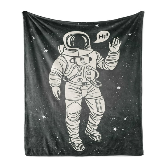 Outer Space Soft Flannel Fleece Blanket, Pop Art Astronaut Saluting with Speech Bubble Comet Adventure Traveler, Cozy Plush for Indoor and Outdoor Use, 50" x 60", Charcoal Grey Dust, by Ambesonne