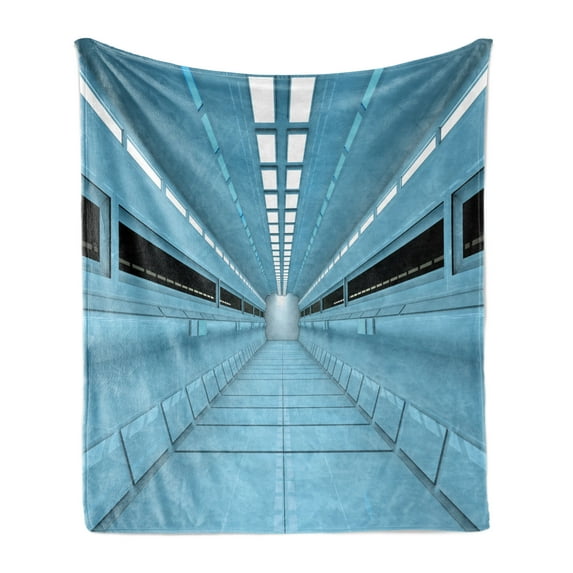 Outer Space Soft Flannel Fleece Blanket, Science Fiction Hole in the Spaceship Shuttle Interior Futuristic Arrival Image, Cozy Plush for Indoor and Outdoor Use, 50" x 70", Pale Blue, by Ambesonne