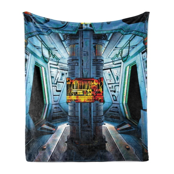 Outer Space Soft Flannel Fleece Blanket, Space Ship Station Base Control Room Technology Elements Features Image, Cozy Plush for Indoor and Outdoor Use, 70" x 90", Blue Black Orange, by Ambesonne