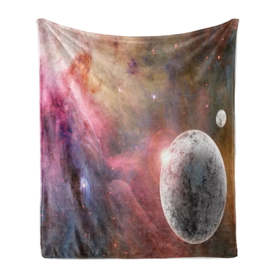 Outer Space Soft Flannel Fleece Blanket, Unknown Frozen Planet in a Star Field with Circular Nebula Fog Galactic Energy Image, Cozy Plush for Indoor and Outdoor Use, 50" x 70", Pink, by Ambesonne