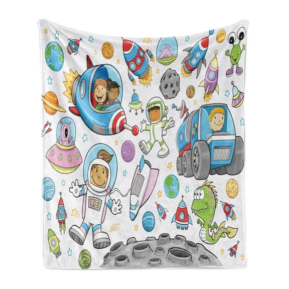 Outer Space Soft Flannel Fleece Throw Blanket, Deep Space Astronaut Girl Boy Aliens Rockets on Moon Kids Nursery Theme, Cozy Plush for Indoor and Outdoor Use, 50" x 60", Multicolor, by Ambesonne