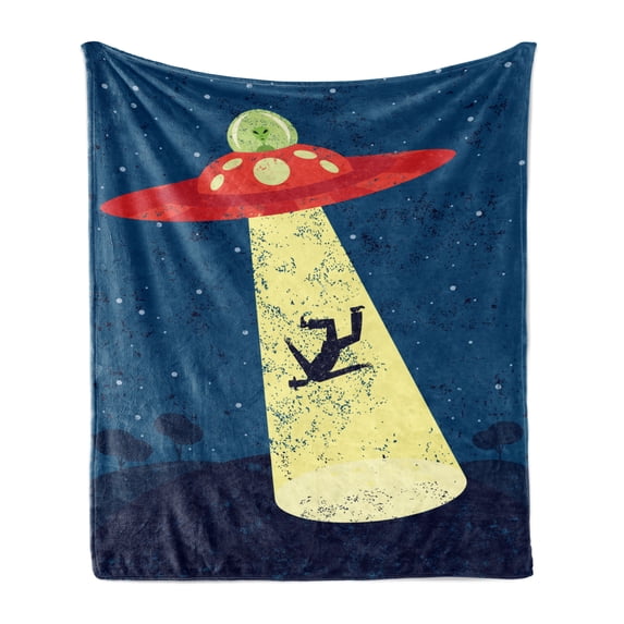Outer Space Soft Flannel Fleece Throw Blanket, Distressed Graphic of an Alien Abduction of Human Science Fiction Image, Cozy Plush for Indoor and Outdoor Use, 50" x 60", Blue and Yellow, by Ambesonne