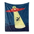 thumbnail image 1 of Outer Space Soft Flannel Fleece Throw Blanket, Distressed Graphic of an Alien Abduction of Human Science Fiction Image, Cozy Plush for Indoor and Outdoor Use, 50" x 70", Blue and Yellow, by Ambesonne, 1 of 5