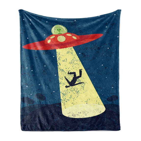 Outer Space Soft Flannel Fleece Throw Blanket, Distressed Graphic of an Alien Abduction of Human Science Fiction Image, Cozy Plush for Indoor and Outdoor Use, 70" x 90", Blue and Yellow, by Ambesonne