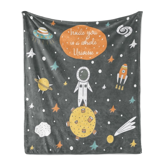 Outer Space Soft Flannel Fleece Throw Blanket, Doodle Style Astronaut Alien Planets and Spaceships with a Words, Cozy Plush for Indoor and Outdoor Use, 70" x 90", Multicolor, by Ambesonne