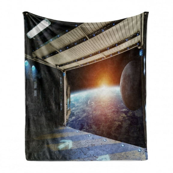Outer Space Soft Flannel Fleece Throw Blanket, Earth Scene from a Space Plane Runway Gate Globe Galaxy up to Stars Picture, Cozy Plush for Indoor and Outdoor Use, 70" x 90", Multicolor, by Ambesonne