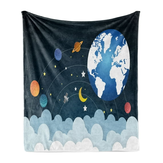Outer Space Soft Flannel Fleece Throw Blanket, Elements of the Galaxy Planets Clouds the Moon Rotating, Cozy Plush for Indoor and Outdoor Use, 50" x 60", Dark Petrol Blue White, by Ambesonne